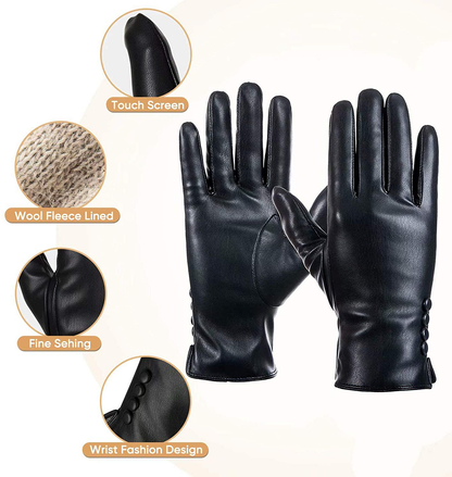 Winter Faux Leather Gloves Warm Thermal Touchscreen With Wool Lining