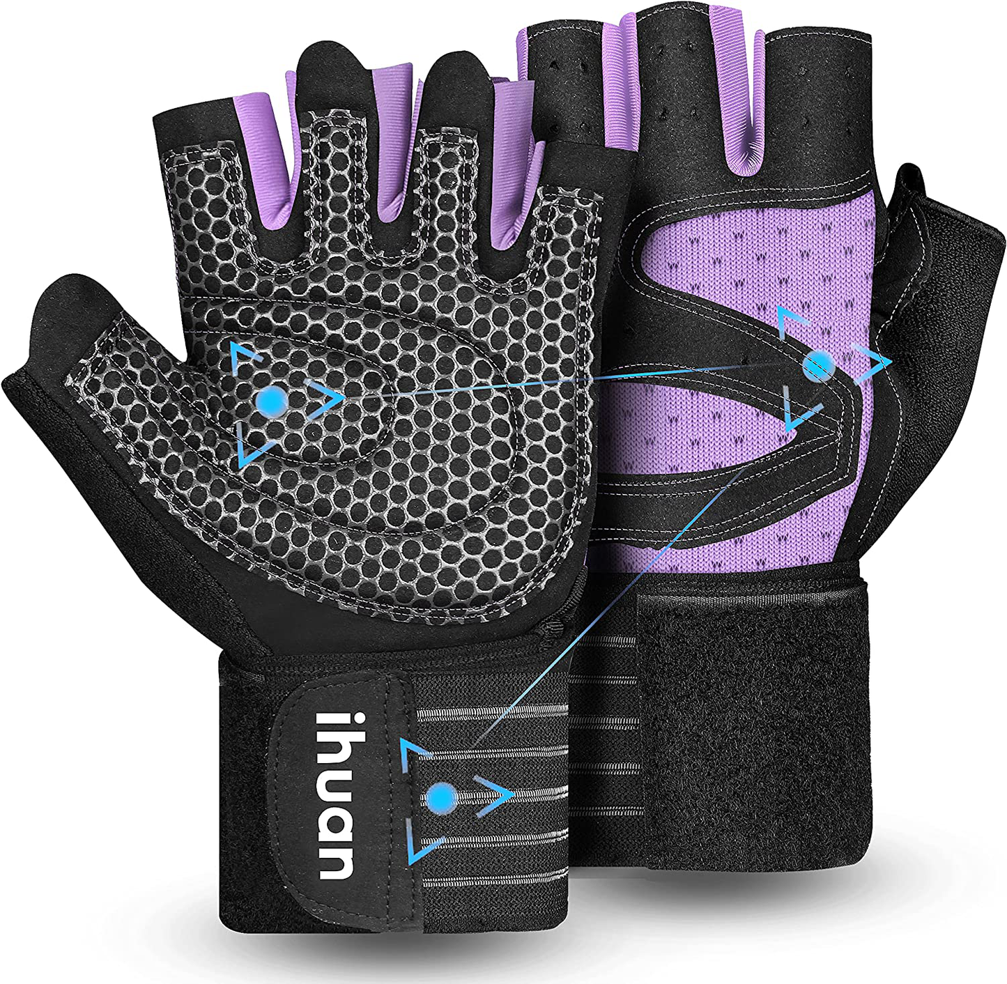 ihuan Ventilated Weight Lifting Gym Workout Gloves Full Finger with Wrist Wrap Support for Men & Women, Full Palm Protection, for Weightlifting, Training, Fitness, Hanging, Pull ups