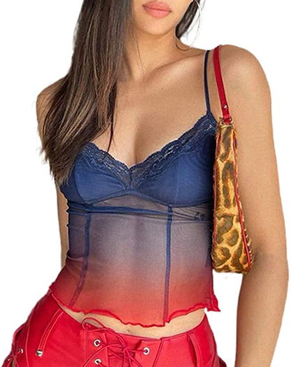 Women Y2K Cropped Tank Tops Sexy V Neck Spaghetti Strap Crop Top Lace Cami Shirt Sleeveless Patchwork Camisole
