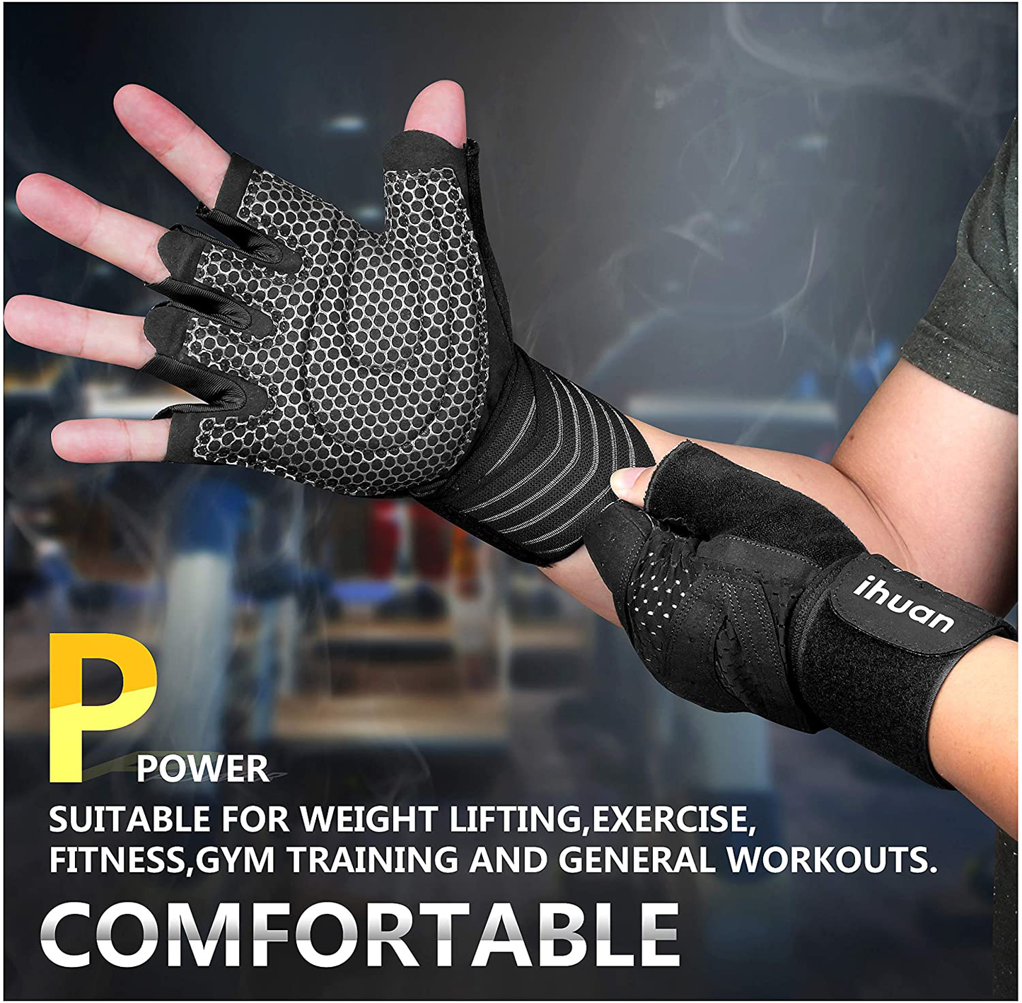 ihuan Ventilated Weight Lifting Gym Workout Gloves Full Finger with Wrist Wrap Support for Men & Women, Full Palm Protection, for Weightlifting, Training, Fitness, Hanging, Pull ups