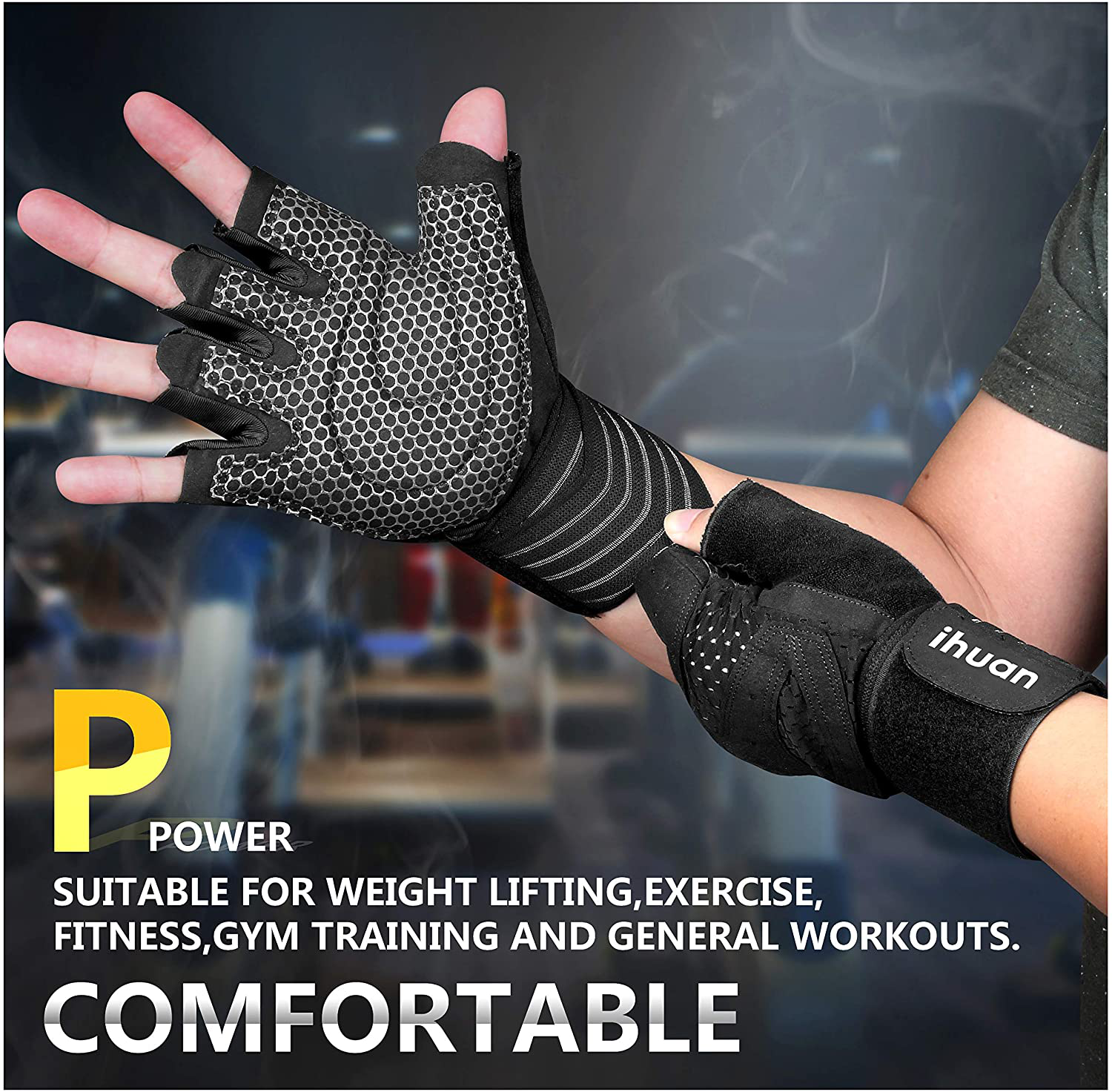 ihuan Ventilated Weight Lifting Gym Workout Gloves Full Finger with Wrist Wrap Support for Men & Women, Full Palm Protection, for Weightlifting, Training, Fitness, Hanging, Pull ups