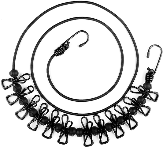 HAWATOUR Portable Elastic Travel Clothesline with 12pcs Clothespins Travel Gadgets for Outdoor and Indoor Use (Black)
