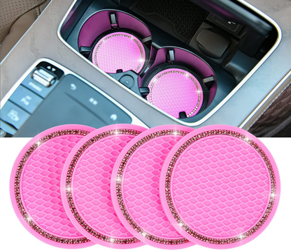 Valleycomfy 4PCS Bling Car Coasters, Universal Vehicle Bling Car Accessories -2.75 inch Silicone Anti Slip Crystal Rhinestone Cup Holder Coasters for Car (Black)