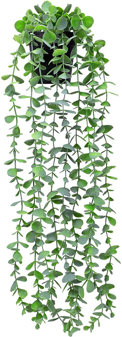 Funarty Fake Plants Decor Small Artificial Hanging Plants Fake Eucalyptus Potted Plants Faux Greenery Vine Plant with Black Pot for Home Indoor Outdoor Décor