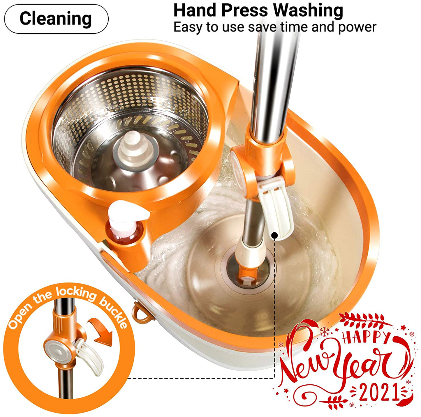 MASTERTOP Spin Mop and Bucket with Wringer Set, Floor Cleaning System, Easy Wring Foot Pedal, Stainless Steel Mop Handle, 5 Microfiber Refills, 5 Cleaning Clothes, Hardwood Laminate Tiles