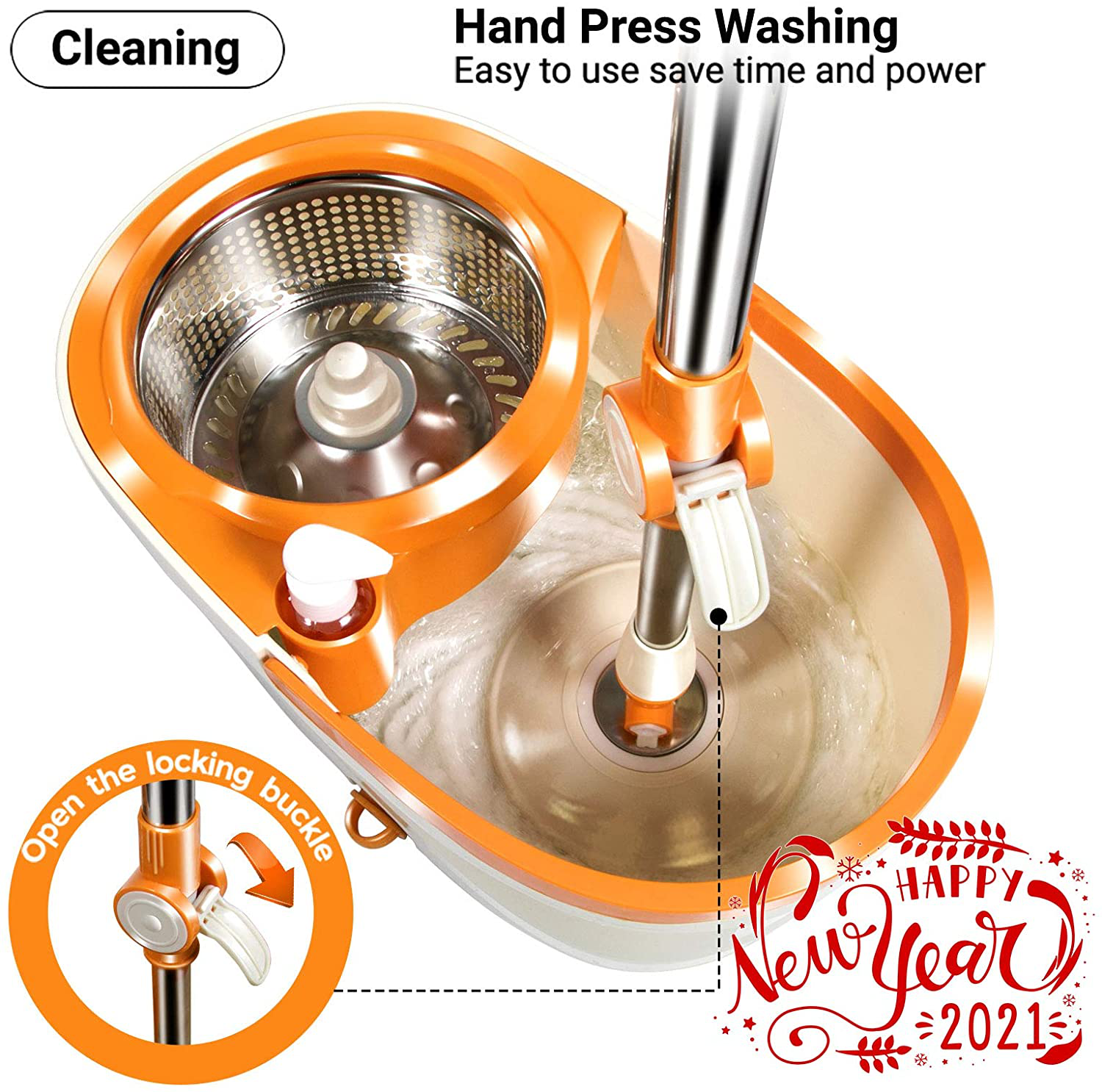 MASTERTOP Spin Mop and Bucket with Wringer Set, Floor Cleaning System, Easy Wring Foot Pedal, Stainless Steel Mop Handle, 5 Microfiber Refills, 5 Cleaning Clothes, Hardwood Laminate Tiles