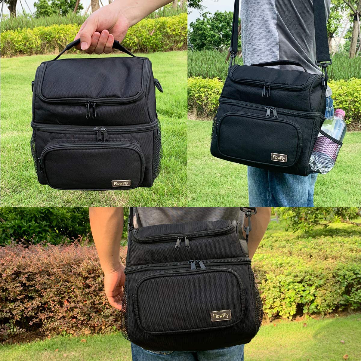 FlowFly Adult Lunch Bag Insulated 2 Roomy Compartment Thermal Lunch Box Large Reusable Double Decker Tote Cooler Bag with Detachable Shoulder Strap for Men Women kids,Black