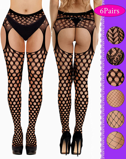 6 Pairs Women's Fishnet Stockings Thigh High Garter Stockings