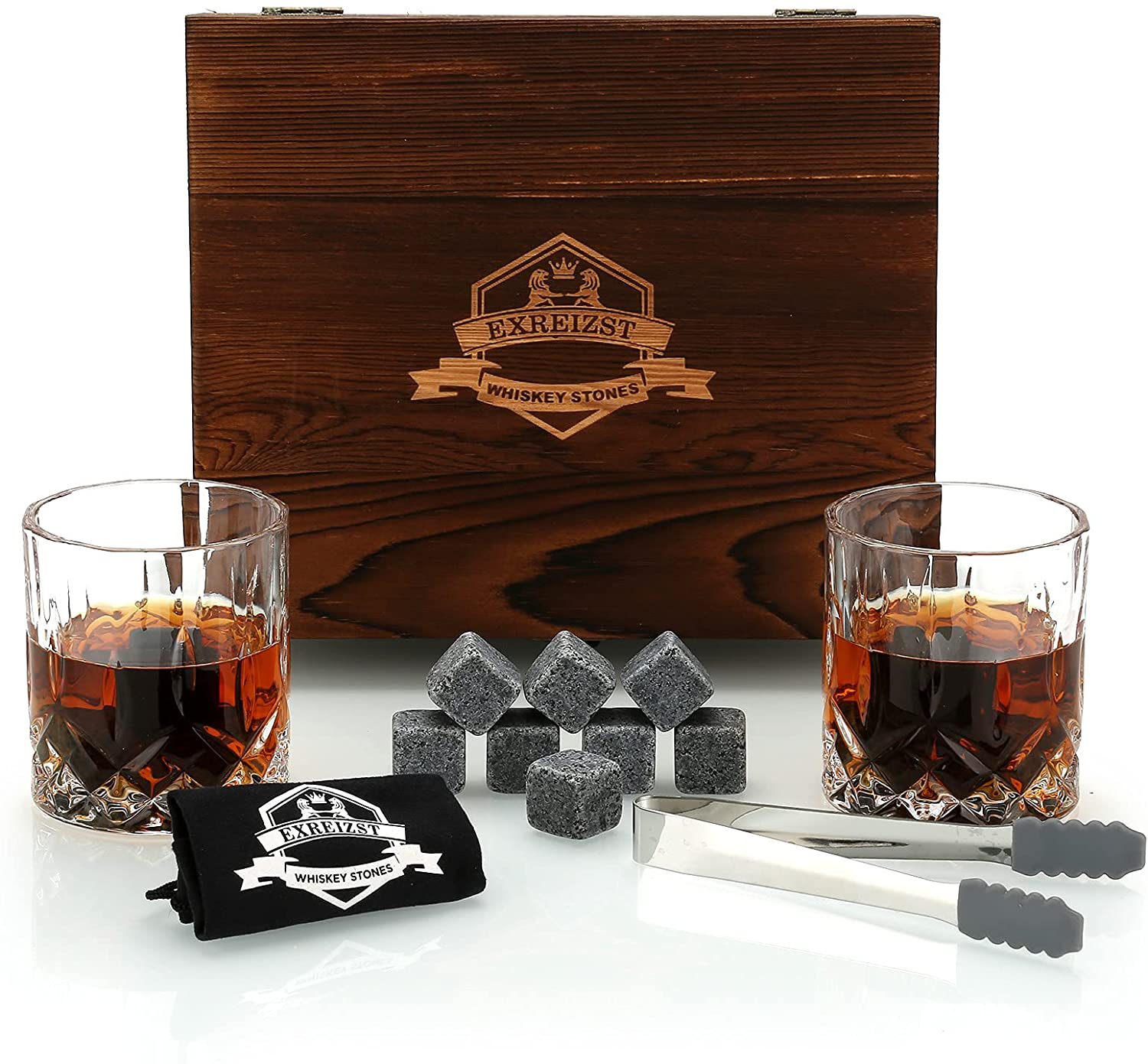 Whiskey Stones Gift Set - Whiskey Glass Set of 2 - Stainless Steel Chilling Whiskey Cubes - Scotch Bourbon Whiskey Glass Gift Box Set - Best Drinking Gift for Men Dad Husband Birthday Holiday Present