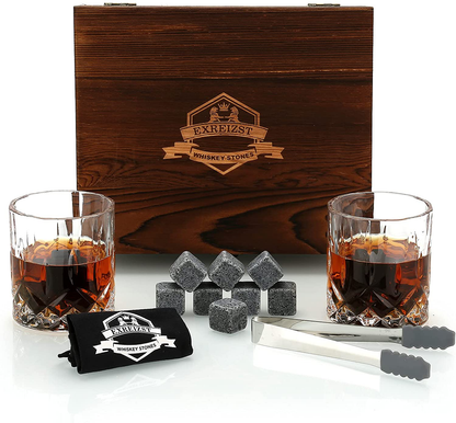 Whiskey Stones Gift Set - Whiskey Glass Set of 2 - Stainless Steel Chilling Whiskey Cubes - Scotch Bourbon Whiskey Glass Gift Box Set - Best Drinking Gift for Men Dad Husband Birthday Holiday Present