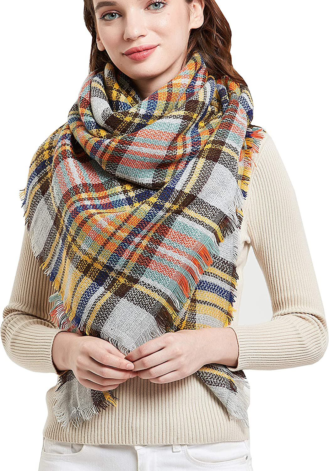 Wander Agio Womens Warm Scarf Square Winter Shawls Large Infinity Scarves Stripe Plaid Scarf