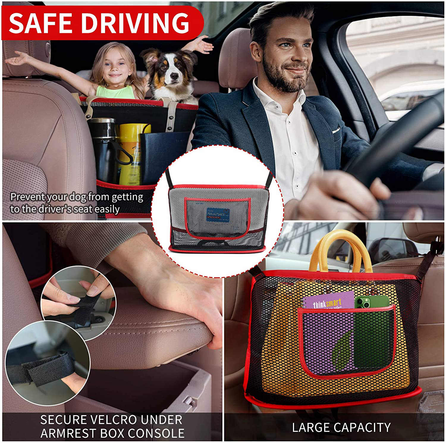 8sanlione Car Mesh Organizer, Car Net Pocket Handbag Holder, Seat Back Net Bag, Barrier of Backseat Pet Kids, Cargo Tissue Purse Holder, Driver Storage Netting Pouch.