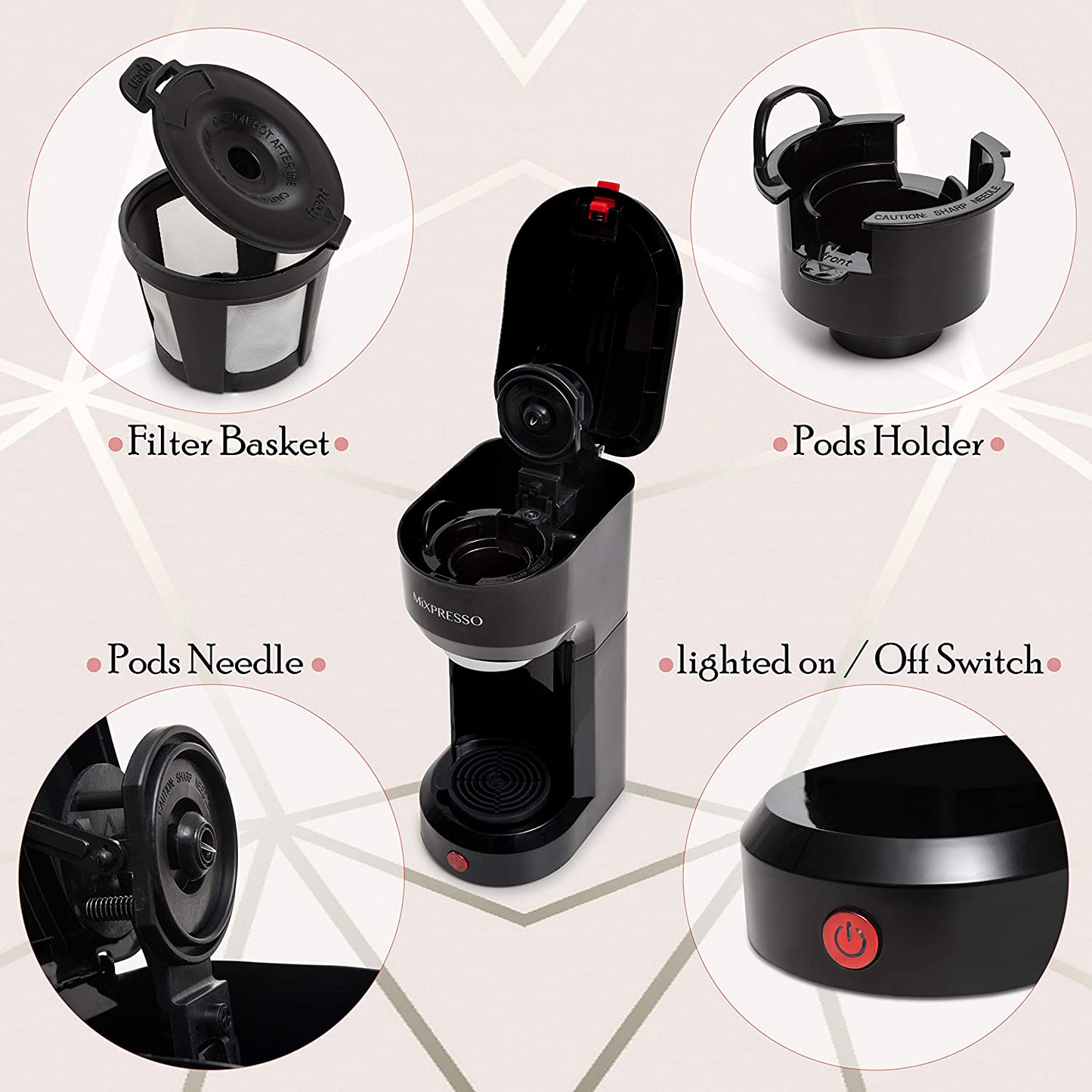 Mixpresso 2 in 1 Coffee Brewer, Single Serve Coffee Maker K Cup Compatible & Ground Coffee, Personal Coffee Maker ,Compact Size Mini Coffee Maker, Quick Brew Technology (14 oz) (black)