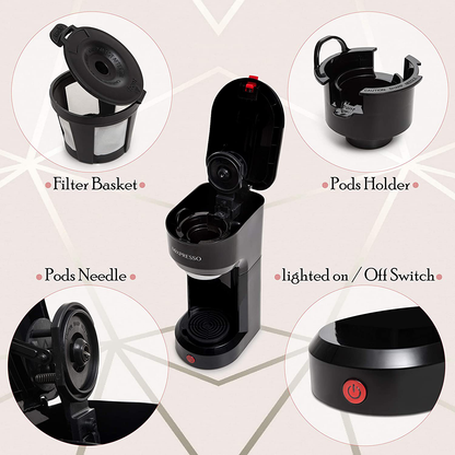 Mixpresso 2 in 1 Coffee Brewer, Single Serve Coffee Maker K Cup Compatible & Ground Coffee, Personal Coffee Maker ,Compact Size Mini Coffee Maker, Quick Brew Technology (14 oz) (black)