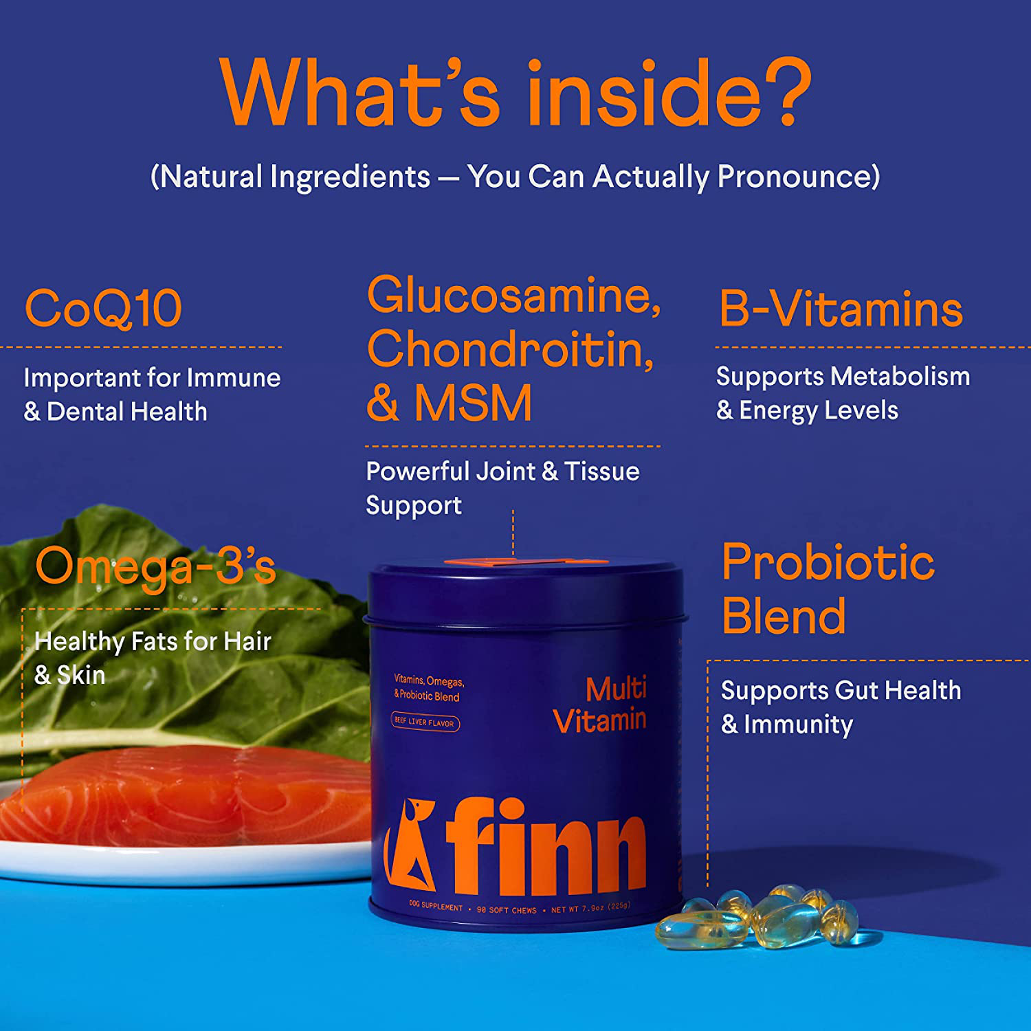 Finn All-in-1 Dog Multivitamin - Everyday Vitamin Supplement for Dogs with Probiotics, Omega-3s, Glucosamine + Chondroitin | Gut & Immune Health, Joint Support, Heart Health | 90 Soft Chew Treats