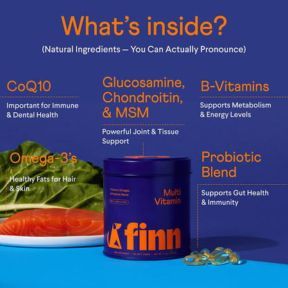 Finn All-in-1 Dog Multivitamin - Everyday Vitamin Supplement for Dogs with Probiotics, Omega-3s, Glucosamine + Chondroitin | Gut & Immune Health, Joint Support, Heart Health | 90 Soft Chew Treats