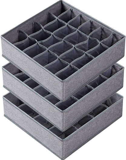 3 Pack Sock Underwear Organizer Dividers, 64 Cell Fabric Foldable Cabinet Closet Organizers and Storage Boxes for Storing Socks, Underwear, Ties (16+24+24 Cell, Black)