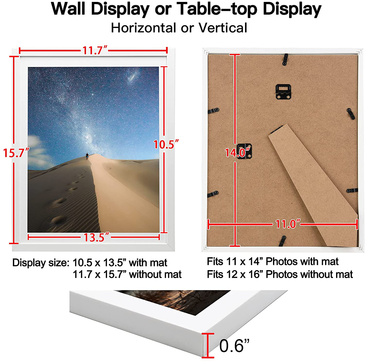 KINLINK 12x16 Picture Frames White, Photo Frames with Polished Glass for Picture 11x14 with Mat or 12x16 without Mat, Composite Wood Picture Frames for Table Top and Wall Mounting, 2 Pack