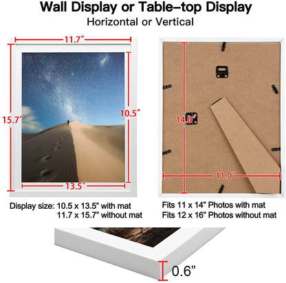 KINLINK 12x16 Picture Frames White, Photo Frames with Polished Glass for Picture 11x14 with Mat or 12x16 without Mat, Composite Wood Picture Frames for Table Top and Wall Mounting, 2 Pack