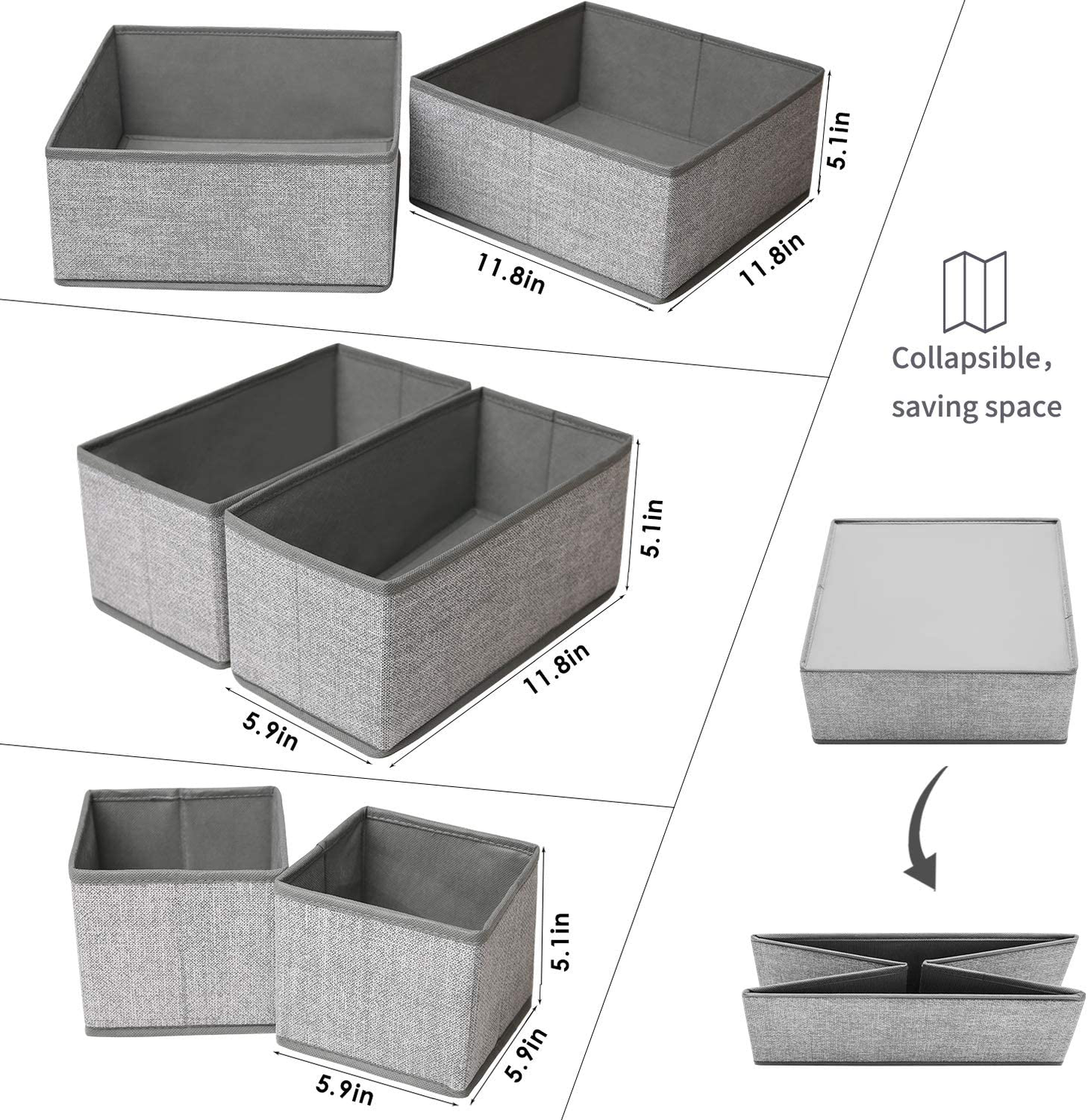 Criusia Underwear Drawer Organizer, 6 Set Foldable Underwear Drawer Organizer and Closet Dividers,Storage Box for Clothes, Socks, Underwear (6 Bins, Gray)