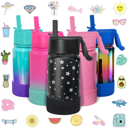 CHILLOUT LIFE 17 oz Insulated Water Bottle with Straw Lid for Kids and Adult + 20 Cute Waterproof Stickers - Perfect for Personalizing Your Kids Metal Water Bottle