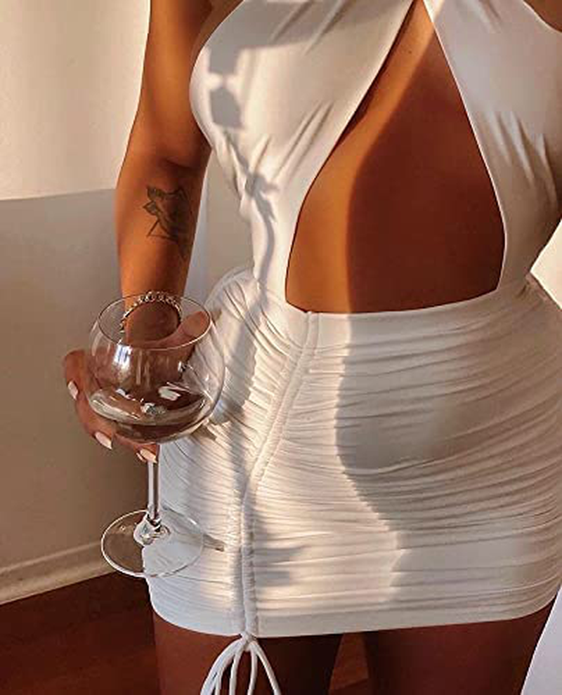 XLLAIS Women Sexy Club Dress Halter Criss Cross Ruched Sleeveless Mini Bodycon Dresses Beachwear