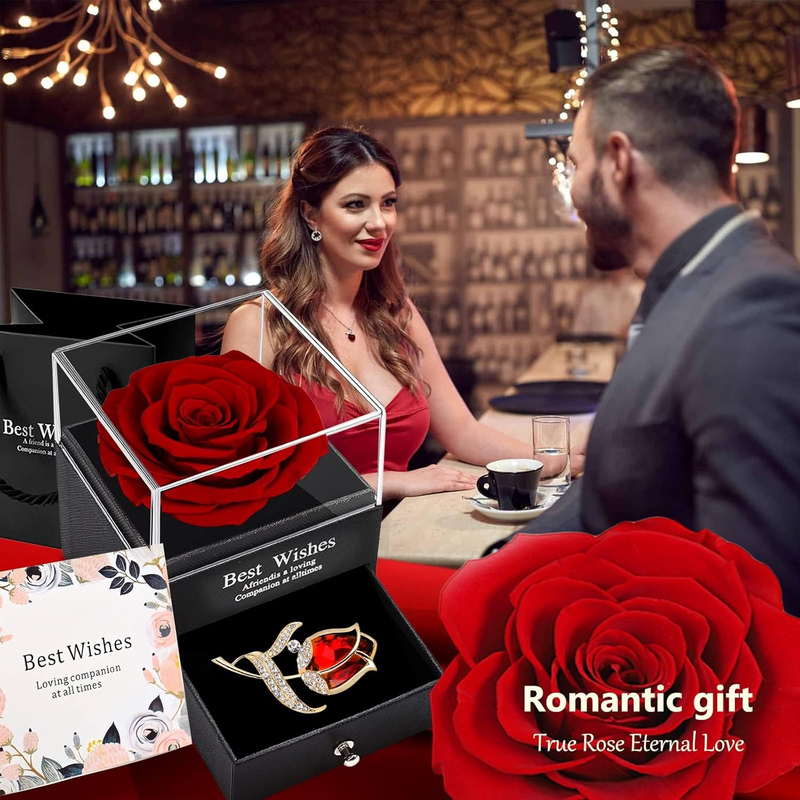Preserved Rose Gift Box with Ruby Brooch, Eternal Rose in Jewelry Box