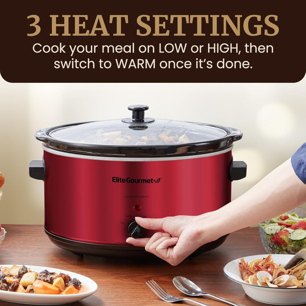 Electric Ceramic XL Slow Cooker – 8.5-Quart Use – Adjustable Temperature for Stews, Sauces & Dips – Dishwasher Safe Glass Lid & Crock – Metallic Red