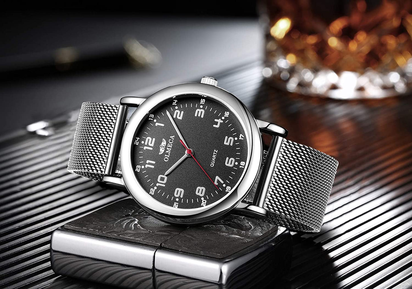OLMECA Men’s Watch Wrist Watches Analog Quartz Waterproof Stainless Steel Mesh Band Simple Watch for Men 709wd