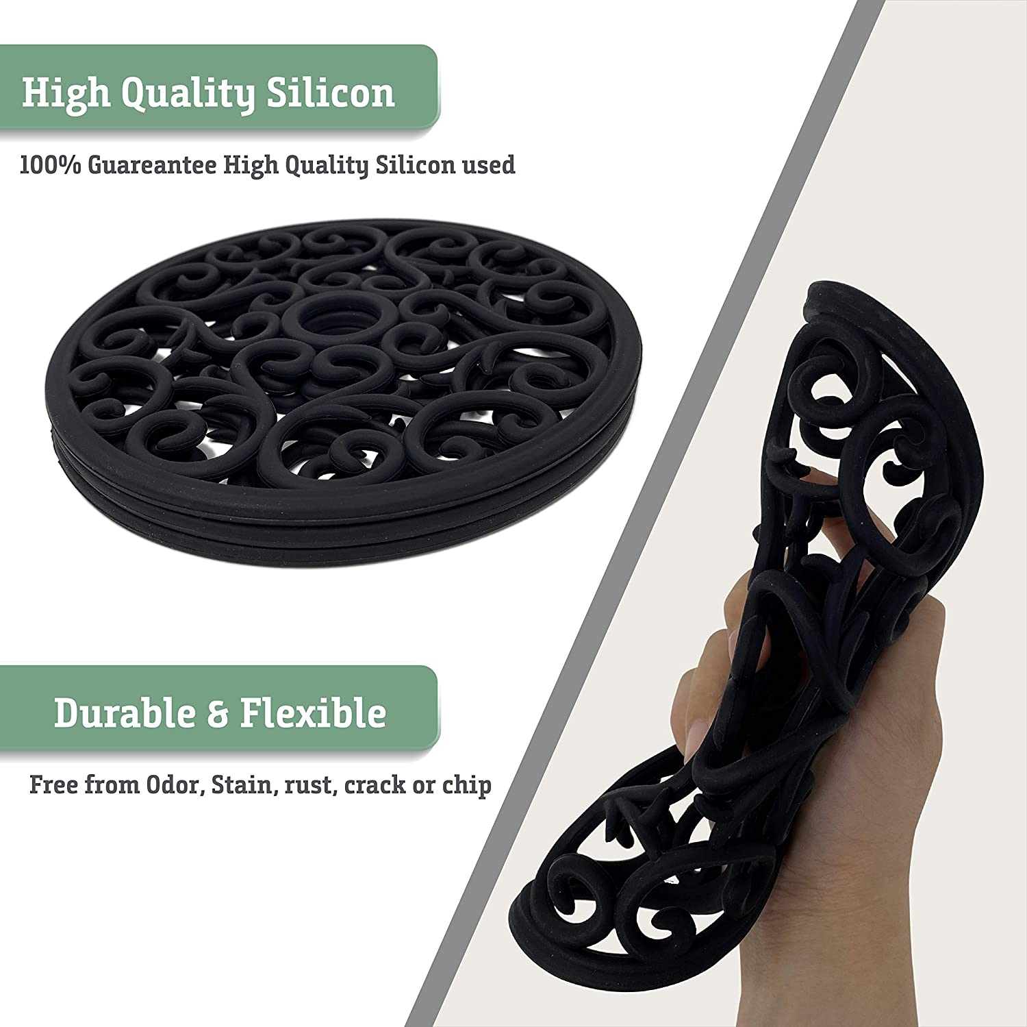 Makerstep Silicone Trivet Mat 3 Set in Heart Design Trivets. Hot Pan Holder Hot Pads For Countertop & Table. Non Slip, Serving Dishes Plates. Dishwasher Safe, Heat Resistant Kitchen Gadgets, Black