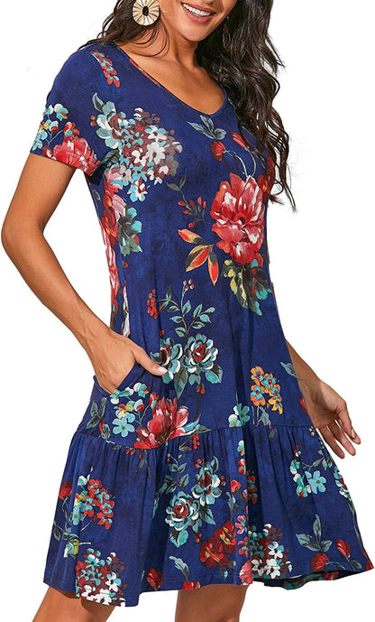 Summer Casual T-Shirt Dresses for Women Loose Fit Comfy Short Sleeves Women Dresses with Pockets Fall Dress