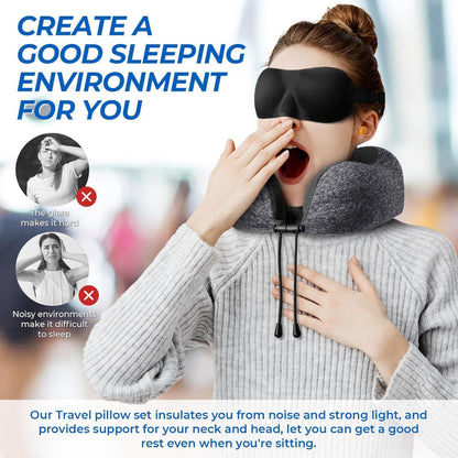Memory Foam Travel Neck Pillow – Removable Cover with Adjustable Clasp, Sleep Pillow Set with Eye Mask, Earplugs & Storage Bag for Airplane
