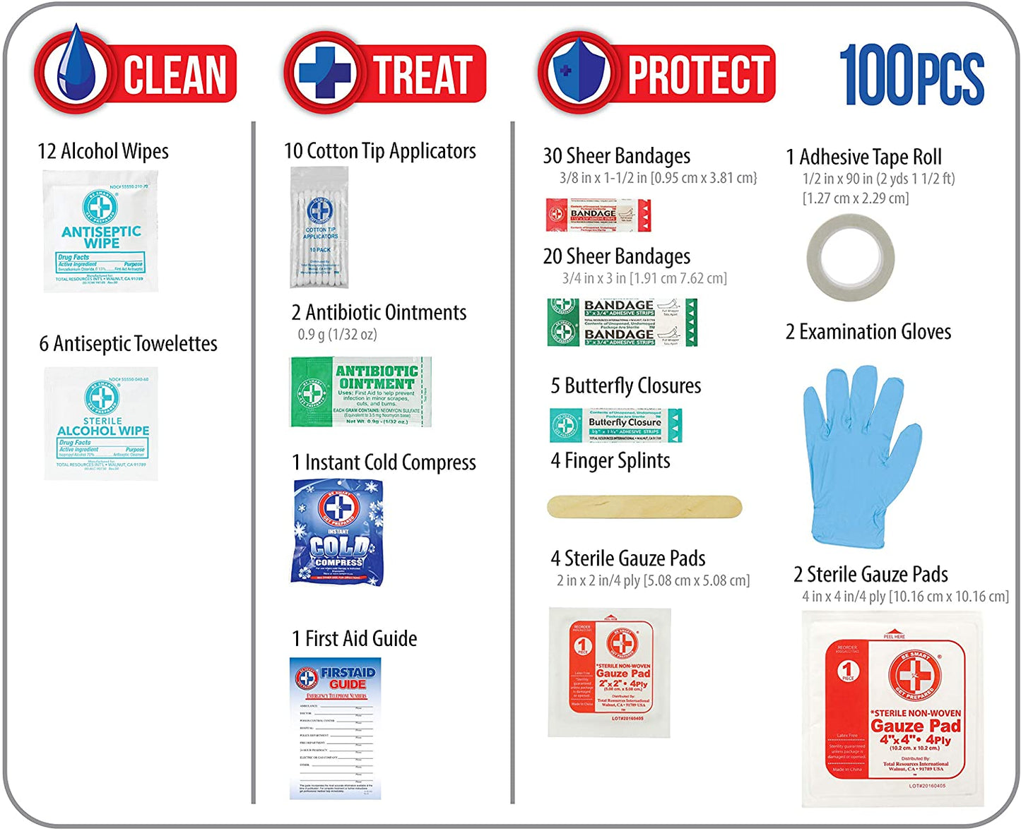 Be Smart Get Prepared 10HBC01082 100Piece First Aid Kit, Clean, Treat & Protect Most Injuries With The Kit that is great for Any Home, Office, Vehicle, Camping & Sports. 0.71 Lb
