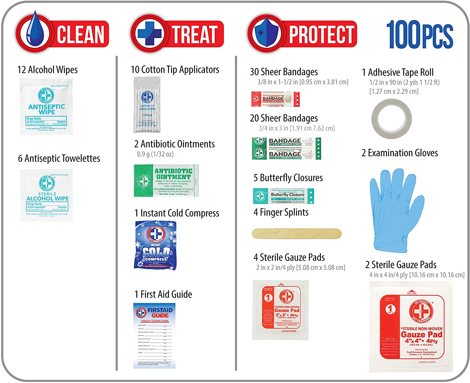 Be Smart Get Prepared 10HBC01082 100Piece First Aid Kit, Clean, Treat & Protect Most Injuries With The Kit that is great for Any Home, Office, Vehicle, Camping & Sports. 0.71 Lb