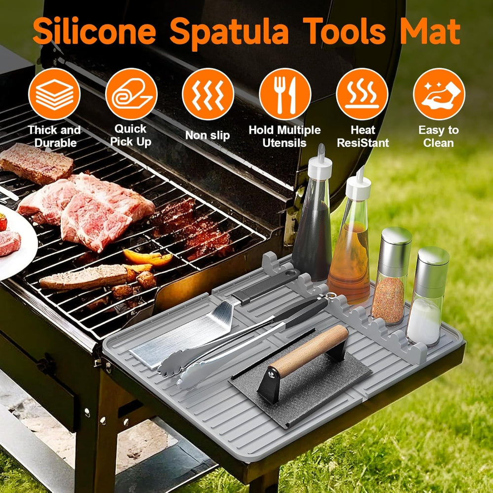 Silicone Grill Mat – Adjustable Slot Design – Griddle Tool & Drip Catch Use – Compatible with Blackstone-Style Griddles – Side Shelf Accessory Mat – Grey