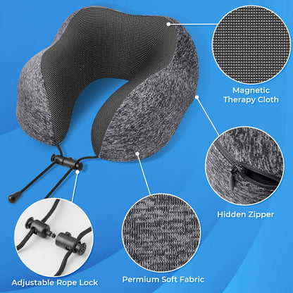 Memory Foam Travel Neck Pillow – Removable Cover with Adjustable Clasp, Sleep Pillow Set with Eye Mask, Earplugs & Storage Bag for Airplane