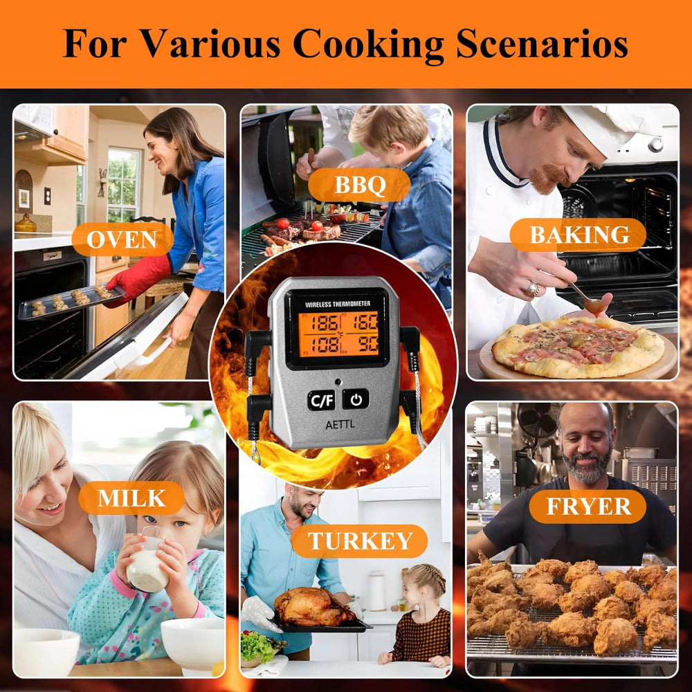 Wireless Digital Meat Thermometer – Instant Read with LCD Display & 4 Stainless Steel Probes, Waterproof Food Thermometer for BBQ, Grill & Kitchen Cooking
