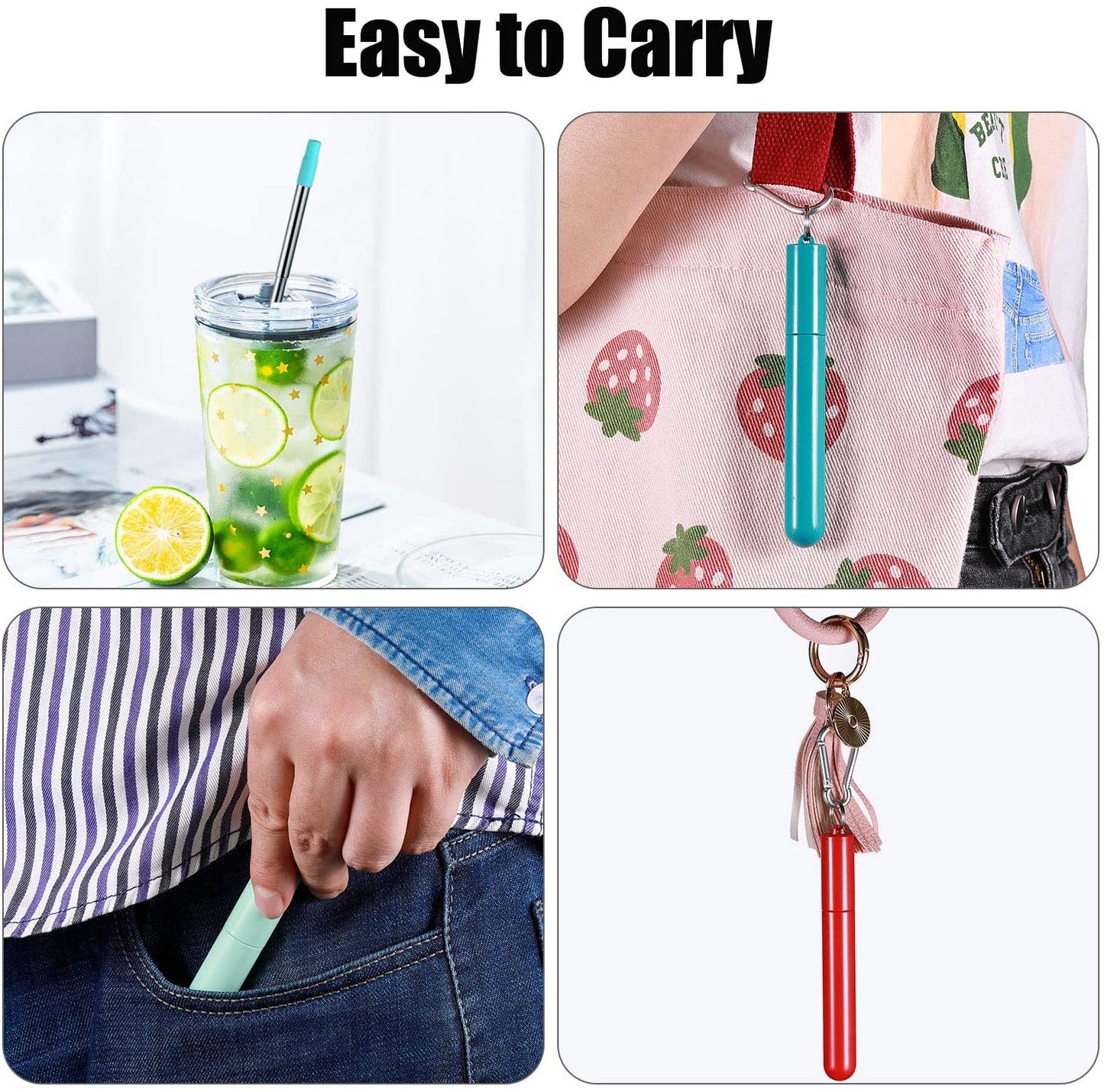3 Pack Stainless Steel Reusable Collapsible Straws with Plastic Case and Long Cleaning Brush