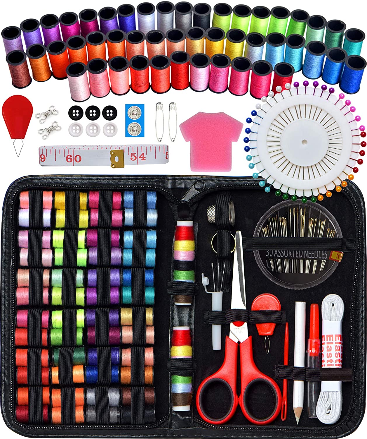Sewing Kit for Traveler, Adults, Beginner, Emergency, DIY Sewing Supplies Organizer Filled with Scissors, Thimble, Thread, Elastic,Sewing Needles, Storage,Tape Measure etc (Black, X) Great Gift