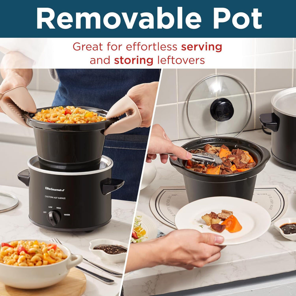 Electric Round Slow Cooker – 2-Quart Use – Adjustable Temperature for Stews, Sauces & Dips – Dishwasher Safe Glass Lid & Crock – Black
