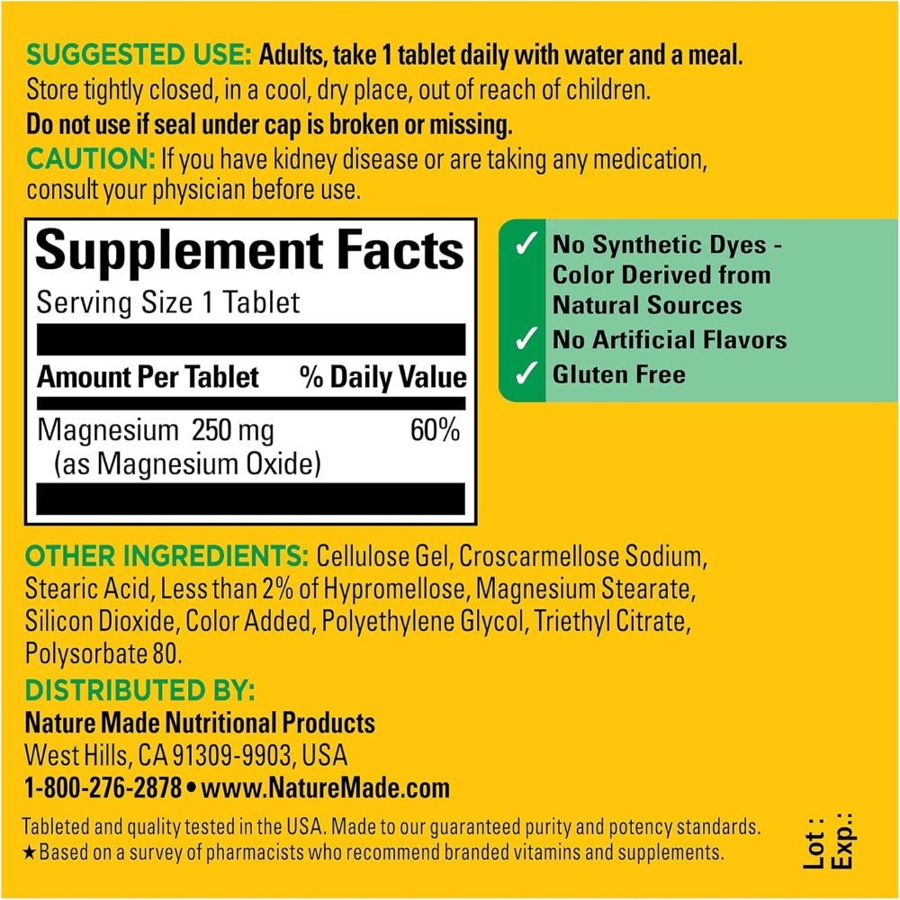 100-Tablet Magnesium Oxide Supplement – 250 mg Tablets for Men & Women – Muscle, Heart, Bone & Nerve Health Support, 100-Day Supply