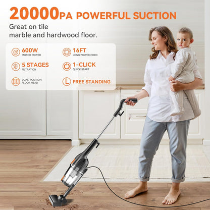 Corded Stick Vacuum Cleaner – 2-in-1 Handheld Use – 20KPa Powerful Suction with 16ft Cord – Lightweight Design for Hardwood Floors & Pet Hair