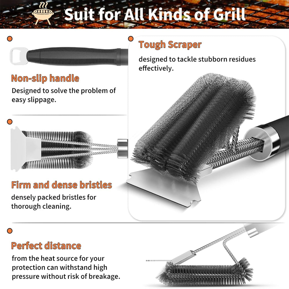 Grill Brush Cleaner – Adjustable Handle BBQ Brush with Scraper for Gas Charcoal Grates