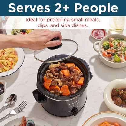 Electric Round Slow Cooker – 2-Quart Use – Adjustable Temperature for Stews, Sauces & Dips – Dishwasher Safe Glass Lid & Crock – Black