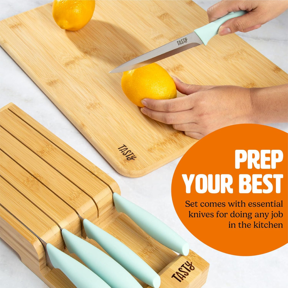 6-Piece Kitchen Knife Set – Space-Saving In-Drawer Organizer – Chef, Bread, Santoku, Utility & Paring Knives, Aqua