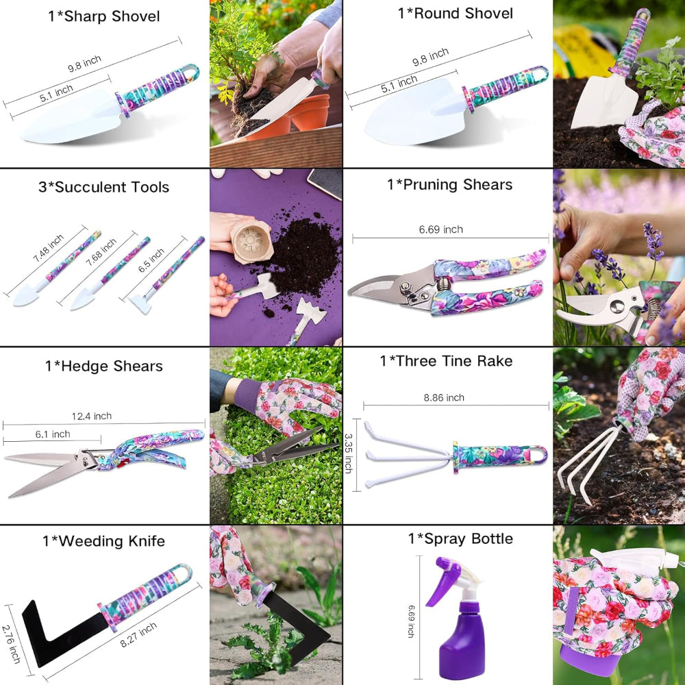 10-Piece Garden Tools Set – Hand Tools Use – Ergonomic Floral Print Trowel, Rake, Weeder, Pruner & Sprayer – Includes Carrying Case – Gardening Gift for Women & Men