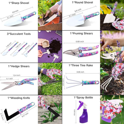 10-Piece Garden Tools Set – Hand Tools Use – Ergonomic Floral Print Trowel, Rake, Weeder, Pruner & Sprayer – Includes Carrying Case – Gardening Gift for Women & Men