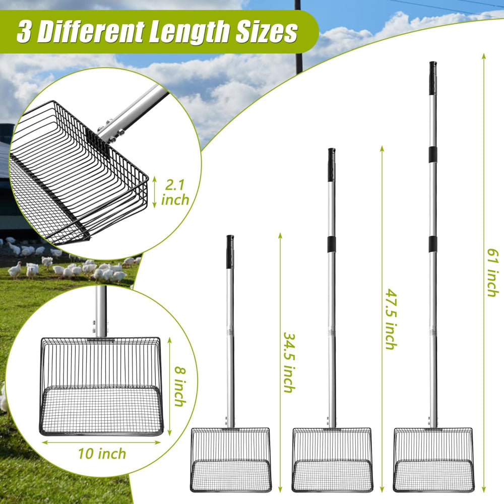 3-in-1 Chicken Coop Scooper – Adjustable Long Handle Use – Metal Sifting Shovel for Poultry Litter Cleaning – Durable Farming Tool