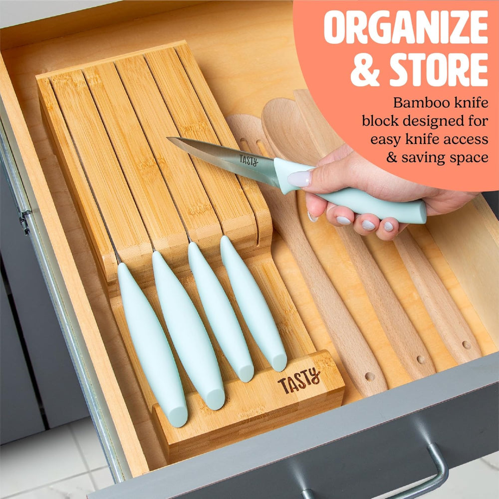 6-Piece Kitchen Knife Set – Space-Saving In-Drawer Organizer – Chef, Bread, Santoku, Utility & Paring Knives, Aqua