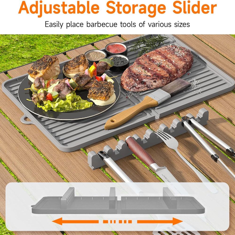 Silicone Grill Mat – Adjustable Slot Design – Griddle Tool & Drip Catch Use – Compatible with Blackstone-Style Griddles – Side Shelf Accessory Mat – Grey